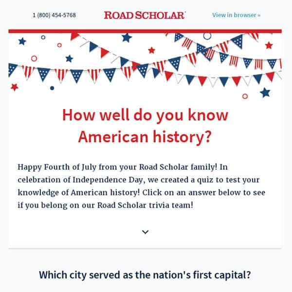 Example of fourth of july-themed email from Road Scholar